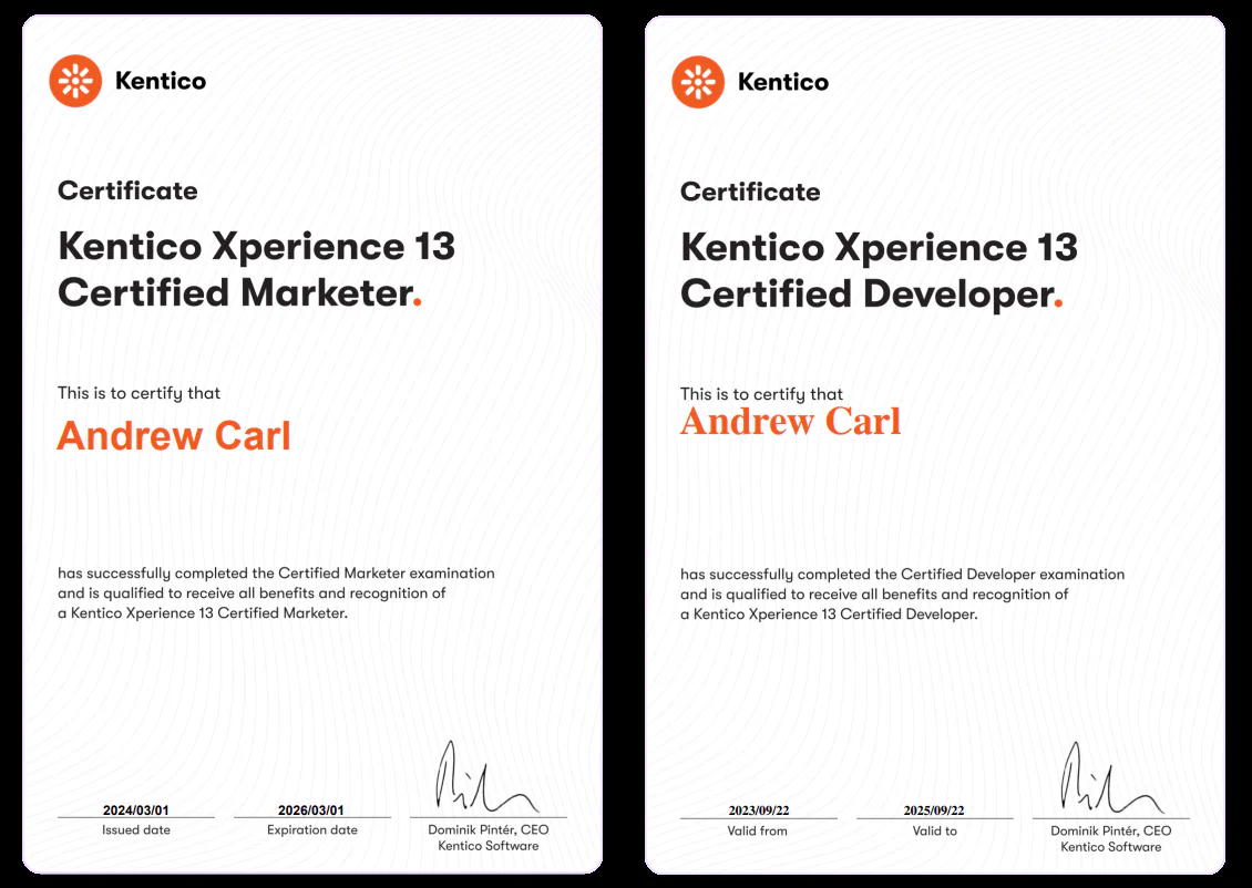 Kentico Xperience 13 developer and marketer certification badges for Andrew Carl