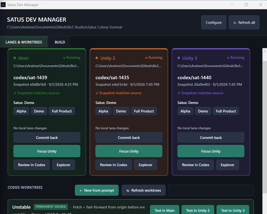 Satus Dev Manager coordinating three live Unity validation lanes